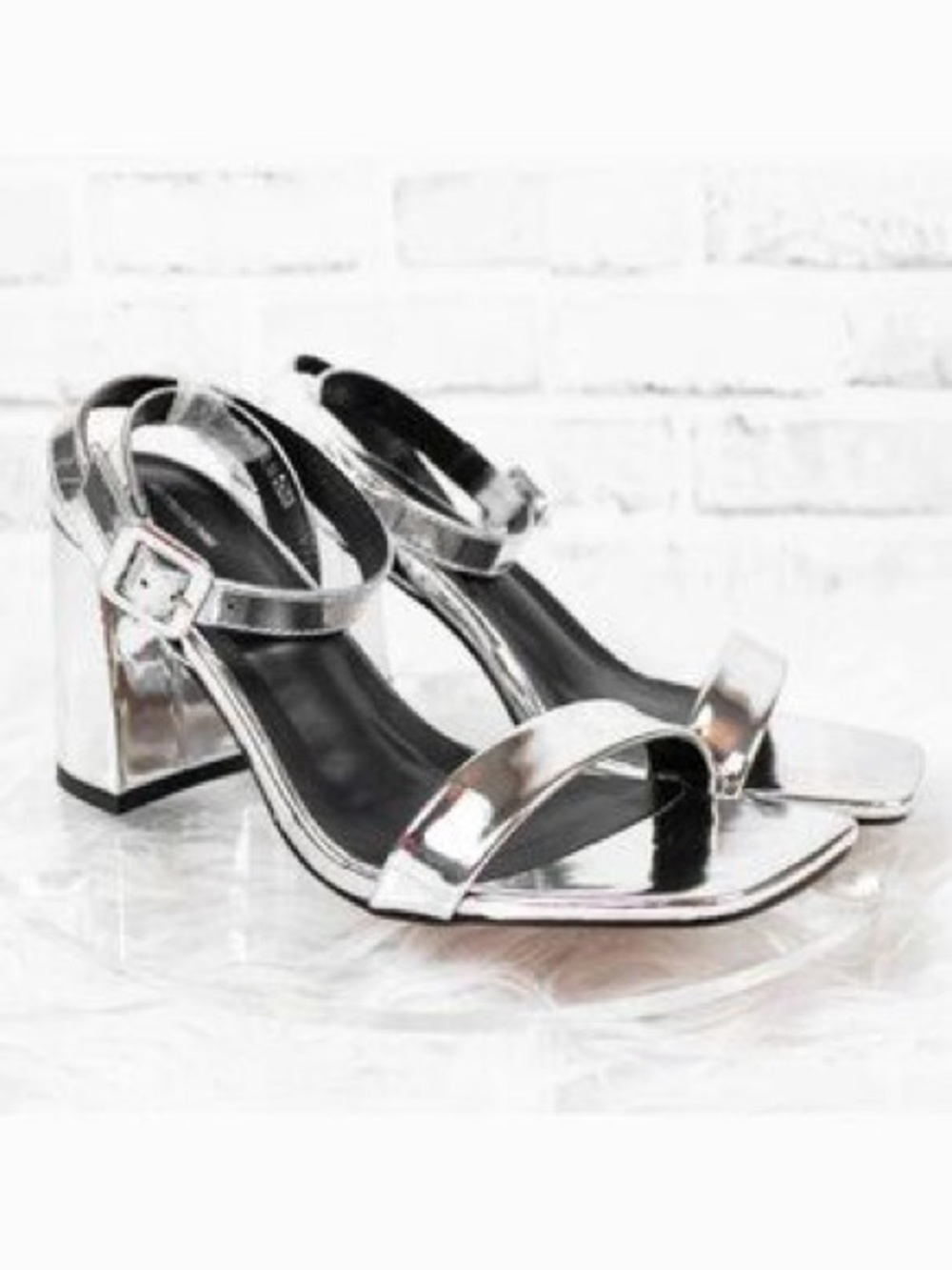 PrettyLittleThing Silver Strappy Block Heel Sandals Size 6
